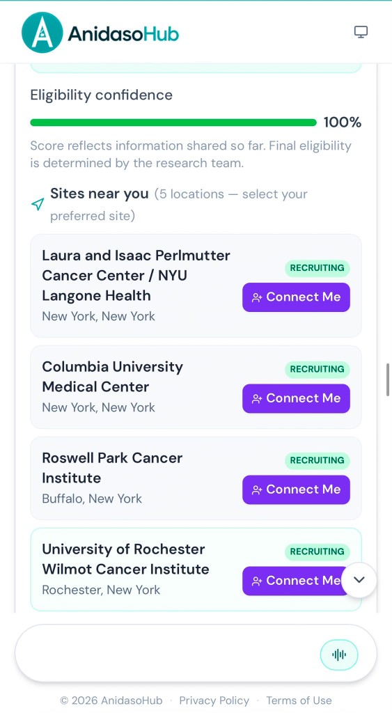 Match and connect to research sites with eligibility score